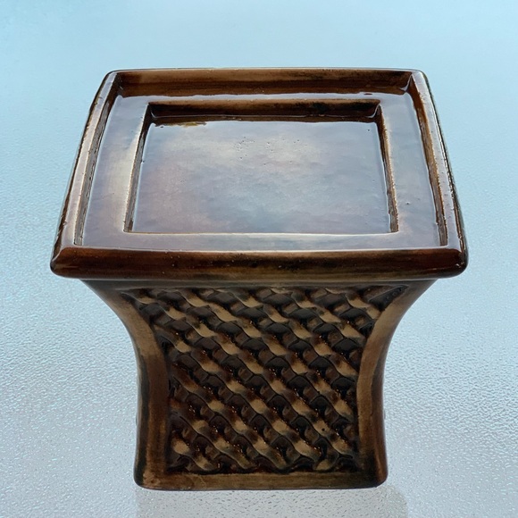 Brown Porcelain Ceramic Basket Pattern Square Pillar Candleholder ~ 4-1/2” - Picture 5 of 11